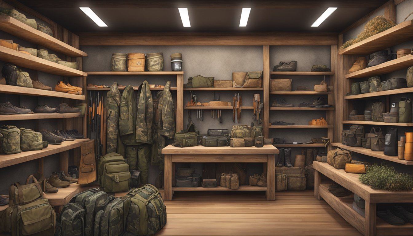 A rustic outdoor store display with hunting gear, camouflage clothing, and youth-sized hunting gifts