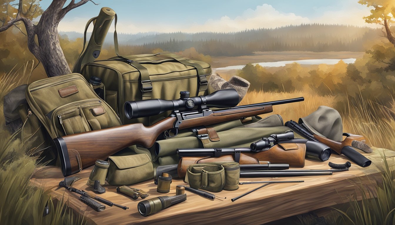 A collection of high-quality hunting gear, including rifles, camouflage clothing, and accessories, displayed in a rustic outdoor setting