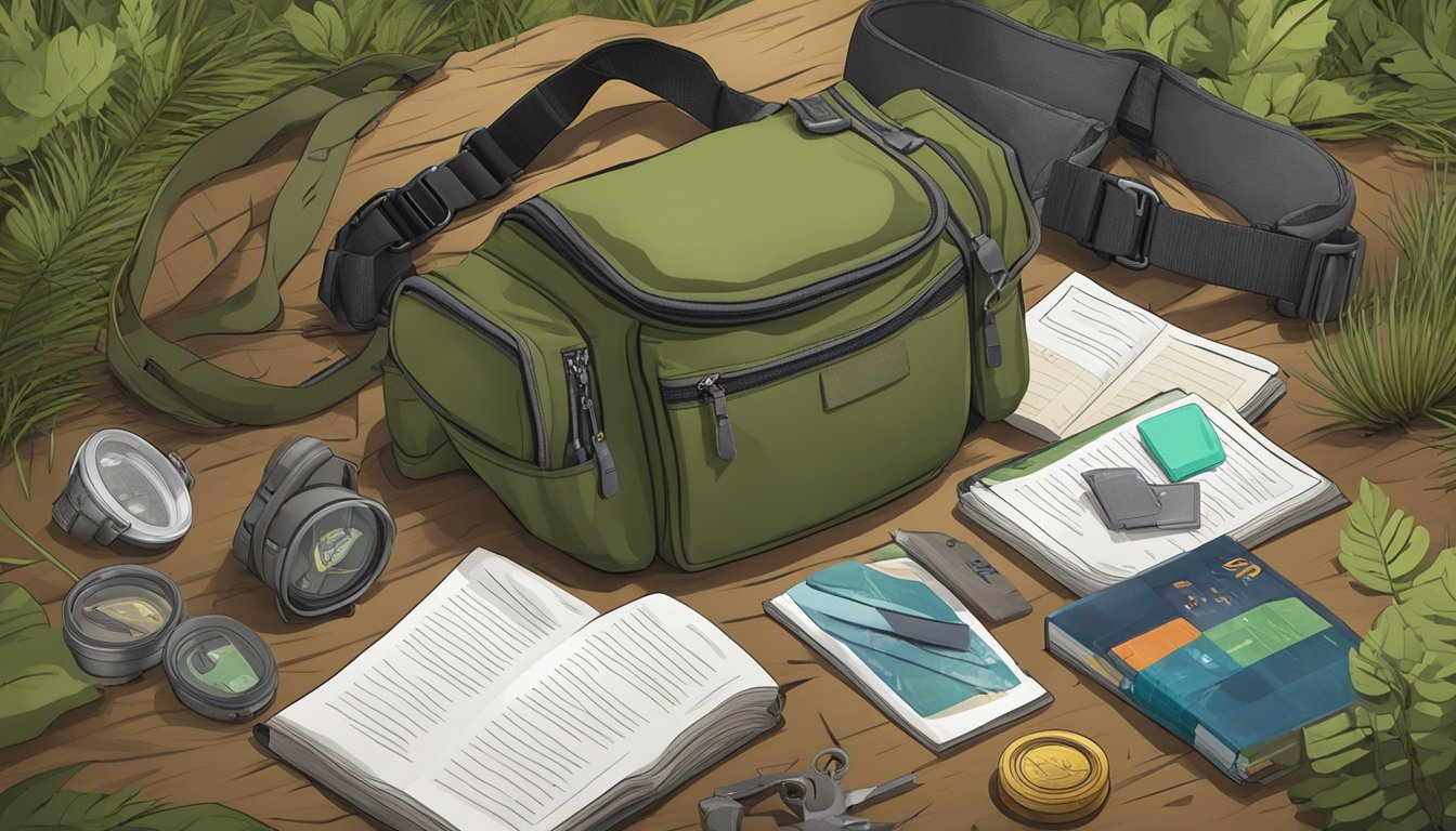 A youth hunting fanny pack with safety gear and ethical hunting guidebook laid out on a forest floor