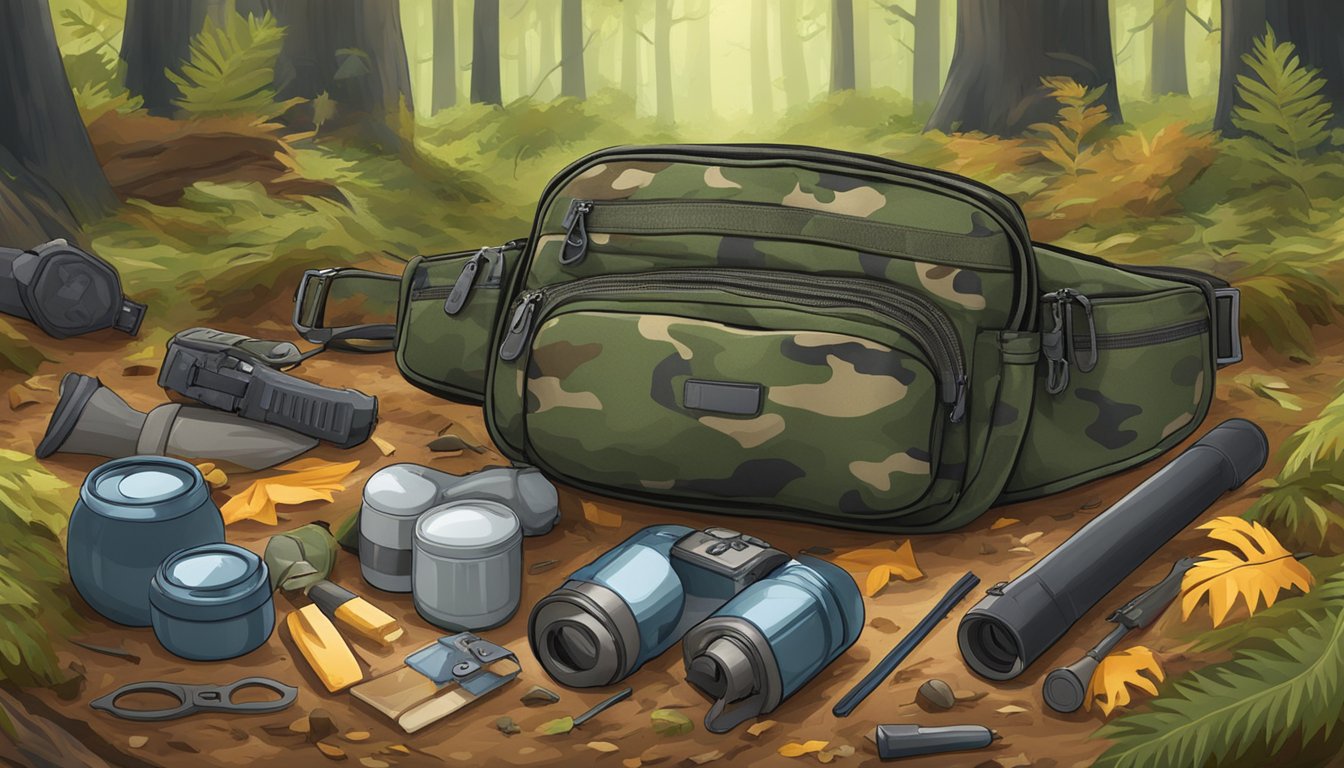 A camouflaged fanny pack lies open, revealing a collection of hunting gear and supplies scattered on the forest floor