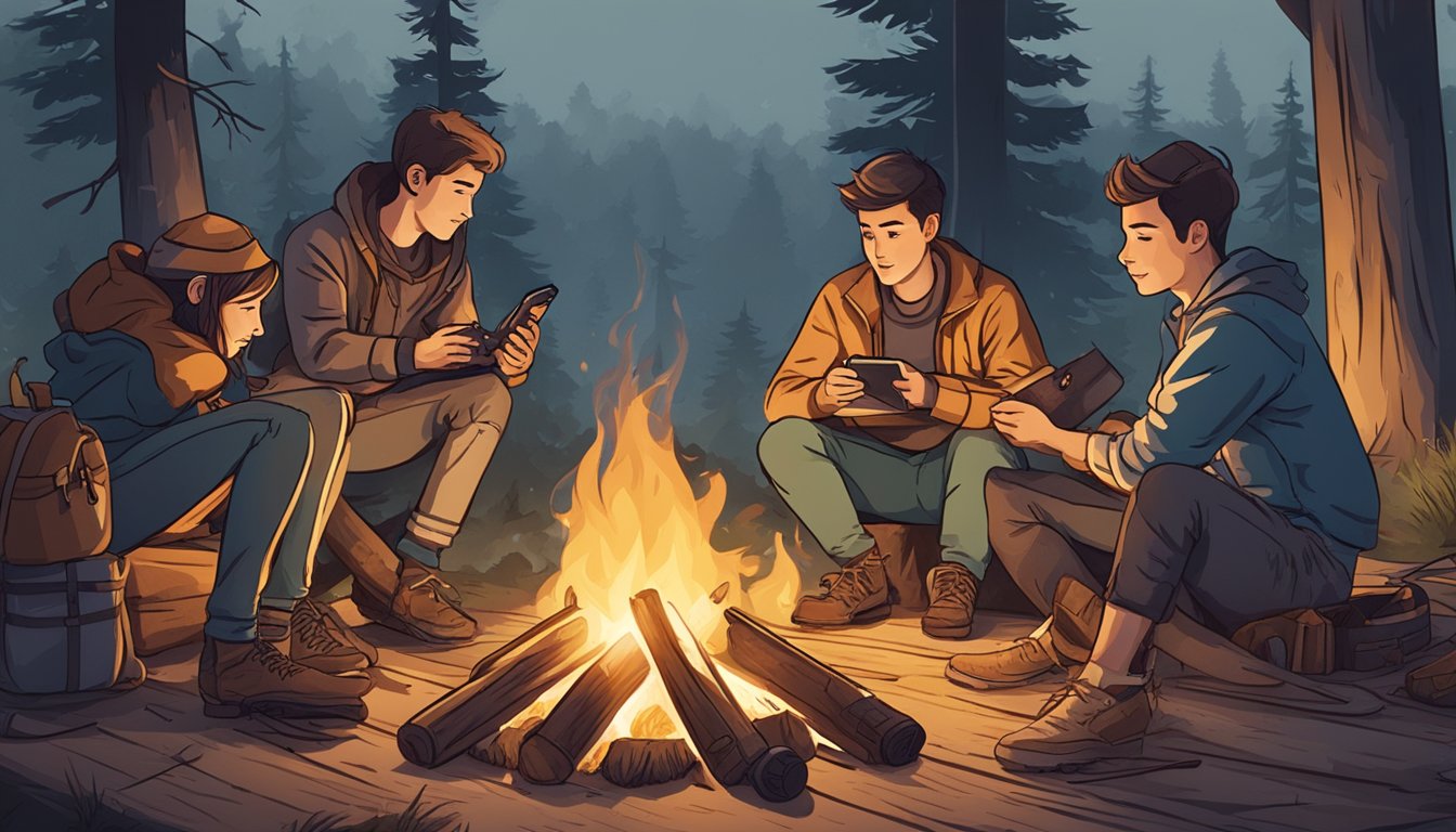 A group of young people gather around a campfire, exchanging hunting gear and technology as gifts. Communication devices and outdoor equipment are spread out on a rustic wooden table