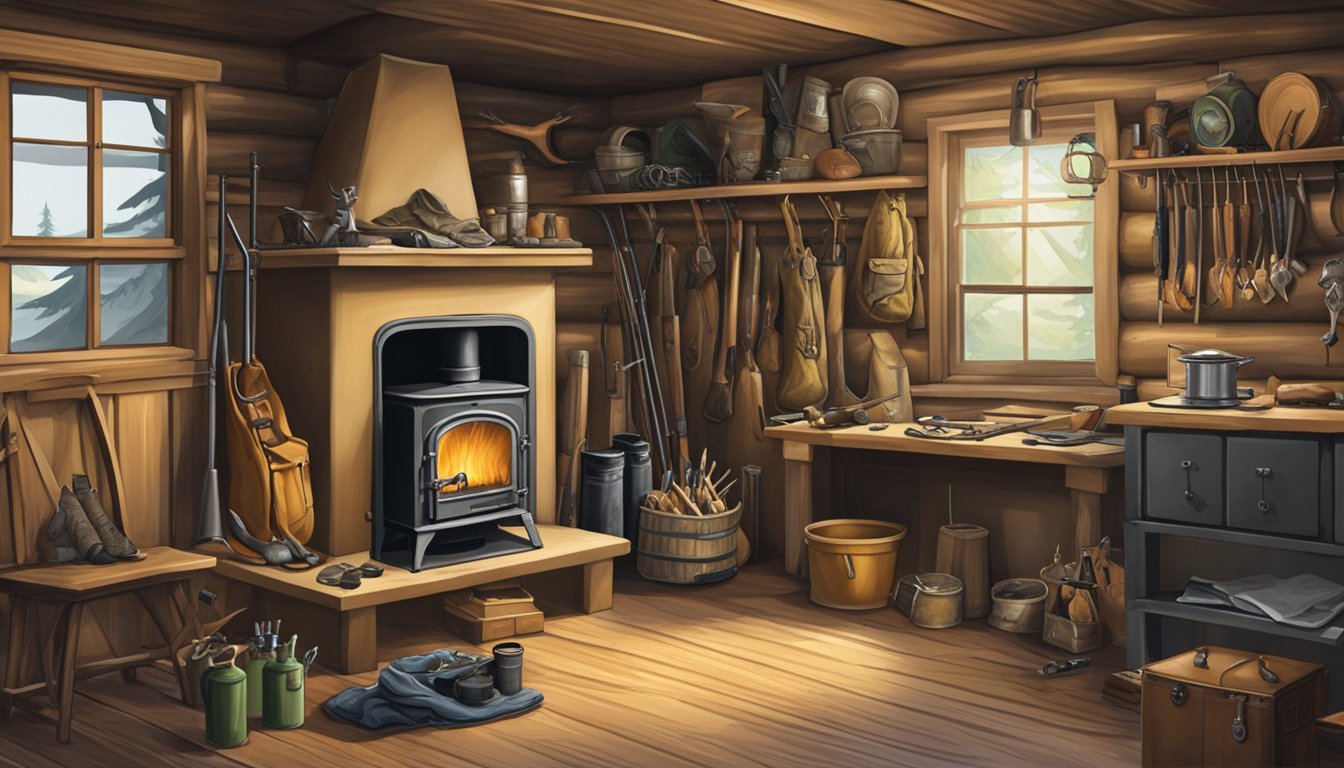 A hunter's cabin filled with hunting gear, rifles, camouflage clothing, and taxidermy trophies. A wood-burning stove crackles in the corner, and a pair of hunting boots sit by the door