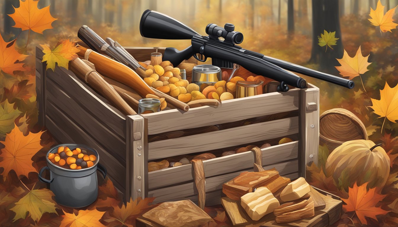 A rustic wooden crate filled with gourmet snacks and hunting gear, surrounded by autumn leaves and a hunting rifle