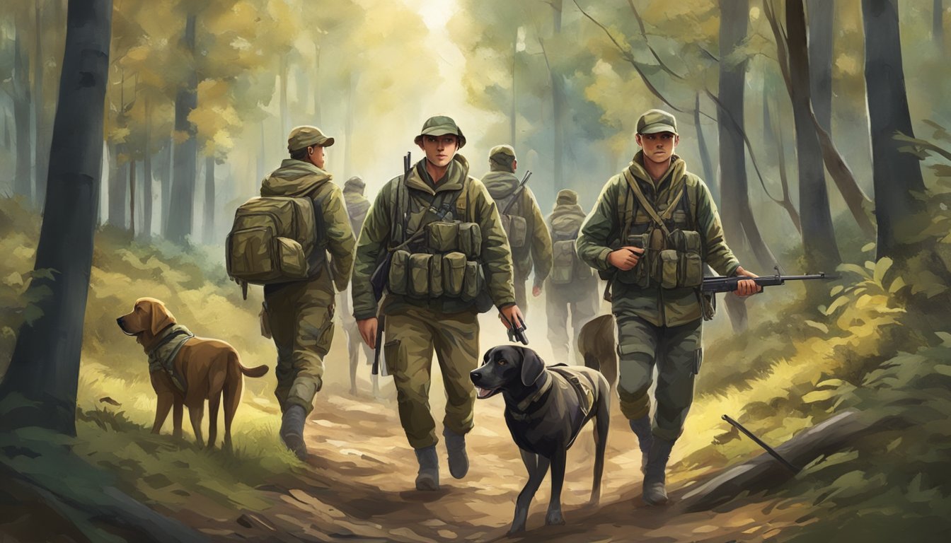 A group of young hunters in camouflage gear, carrying rifles and accompanied by hunting dogs, trek through a forest