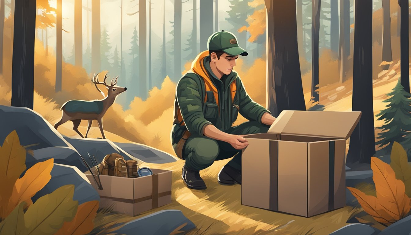 A young hunter unwraps a gift box filled with hunting gear and accessories, surrounded by forest and wildlife