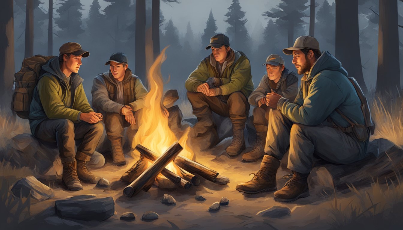 A group of young hunters gather around a campfire, exchanging stories and preparing their gear for the next day's hunt