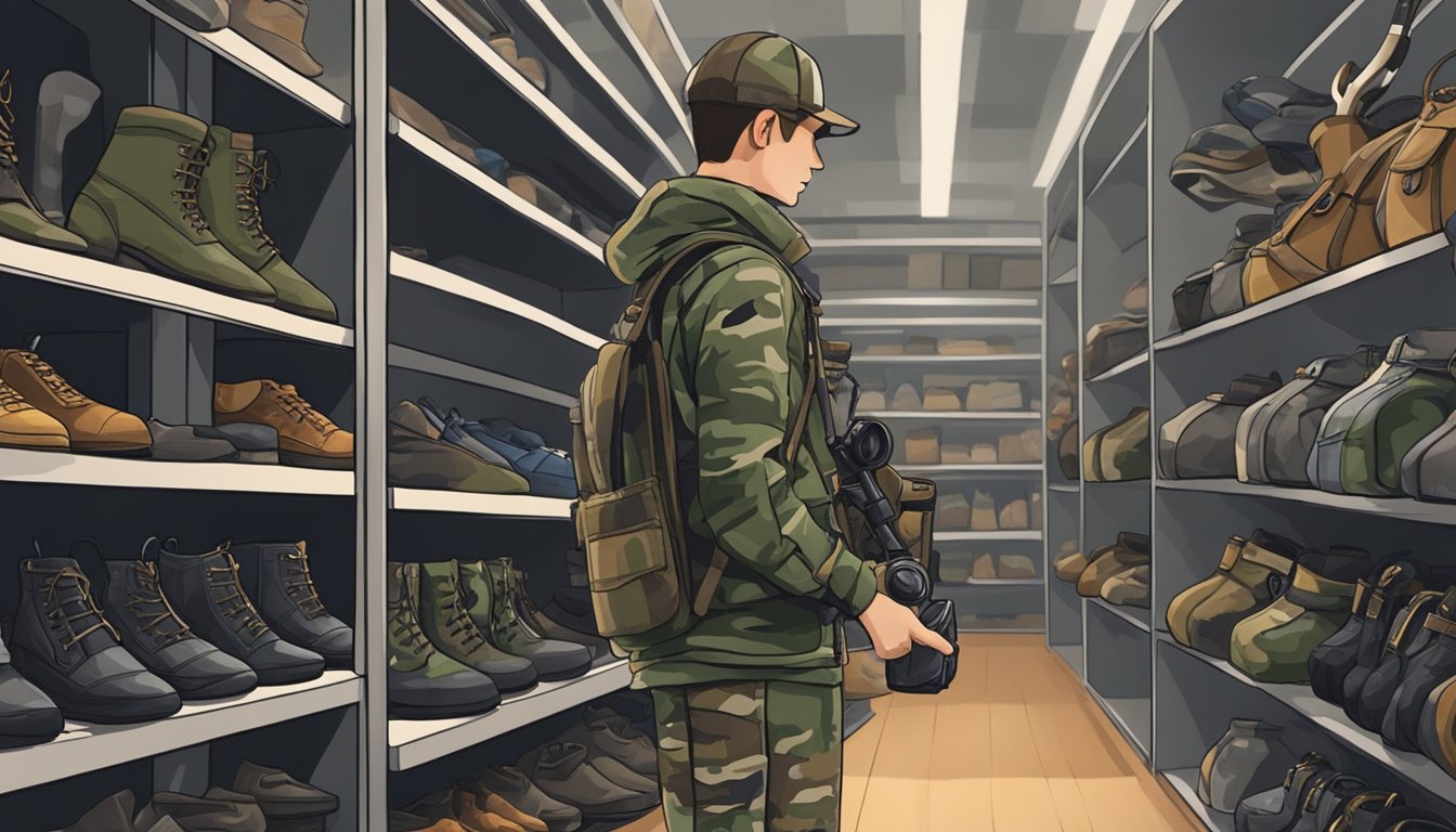 A young person browsing hunting gear in a shop, examining camo clothing, binoculars, and a hunting knife displayed on shelves