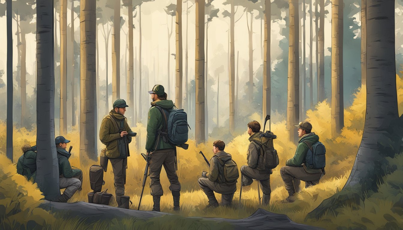 A group of young hunters gather in a forest clearing, checking their gear and discussing strategy before the start of the competition