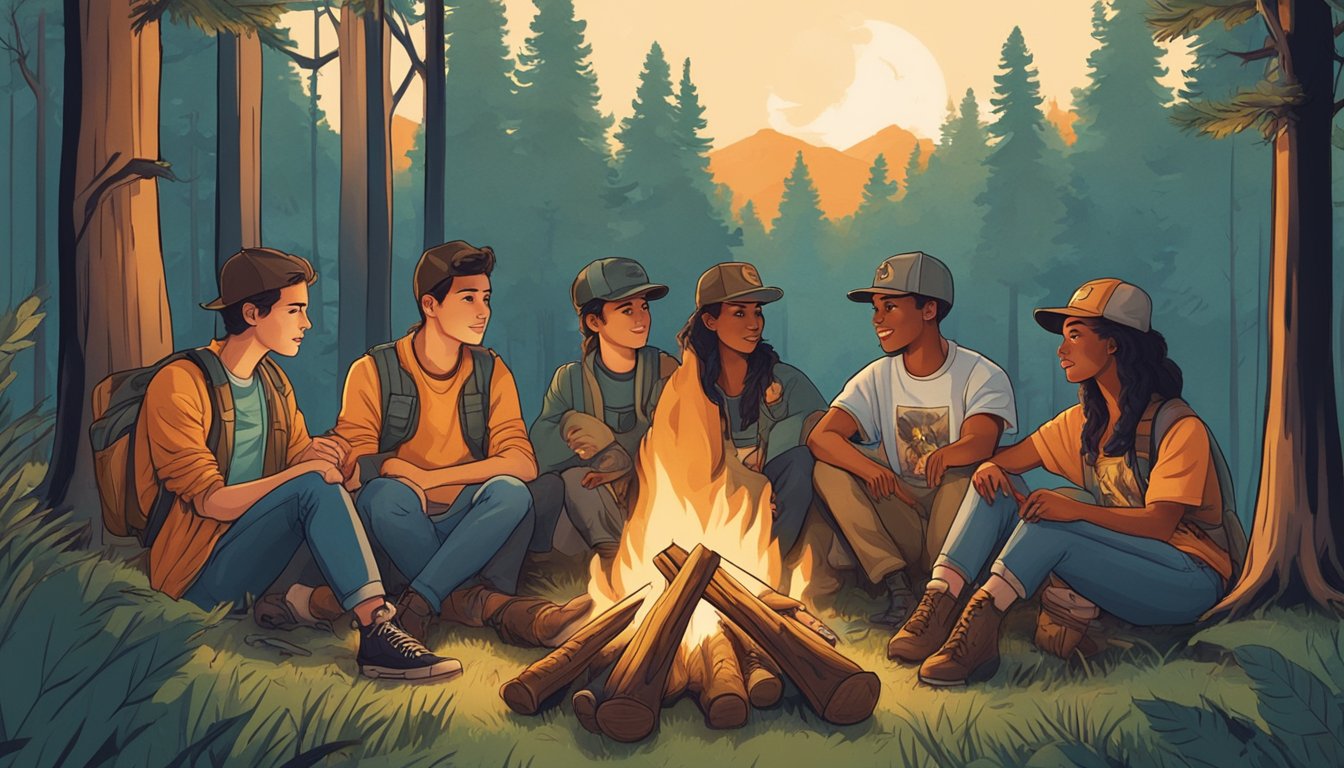 A group of young people wearing trendy hunting-themed graphic tees gather around a campfire in a forest clearing, with trees and wildlife in the background