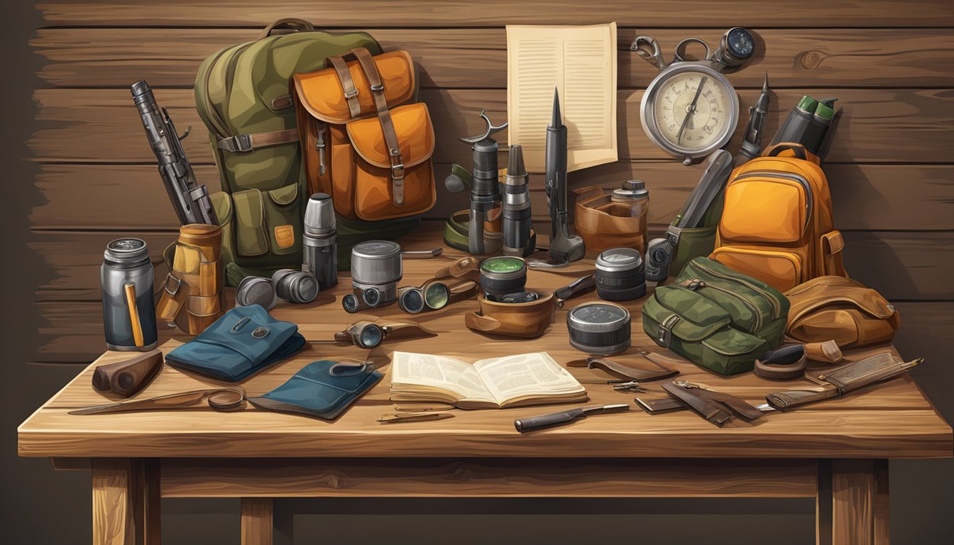 A rustic wooden table adorned with a collection of hunting gear, including a camo backpack, binoculars, a compass, and a hunting knife