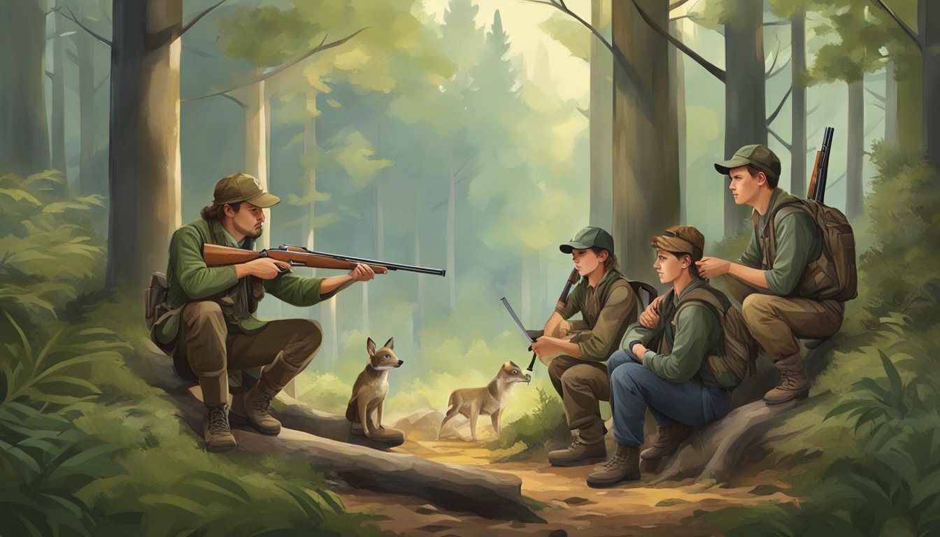 A group of young hunters demonstrate safe and ethical hunting practices in a forest setting