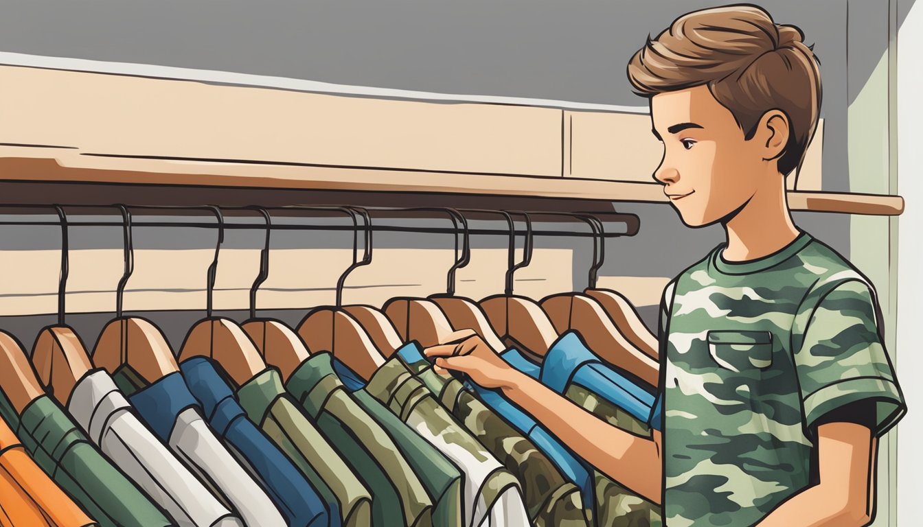 A young hunter carefully selects a camo-patterned graphic tee from a rack of hunting-themed clothing