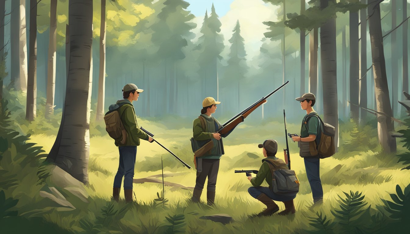 A group of young hunters setting up targets in a forest clearing, preparing for a friendly competition