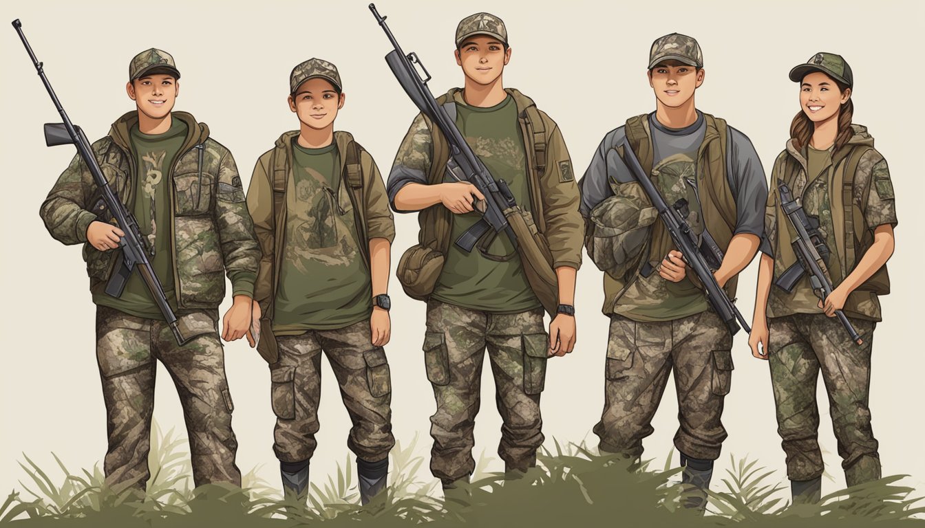 A group of young hunters in camouflage gear, each wearing a personalized graphic tee with hunting-themed designs