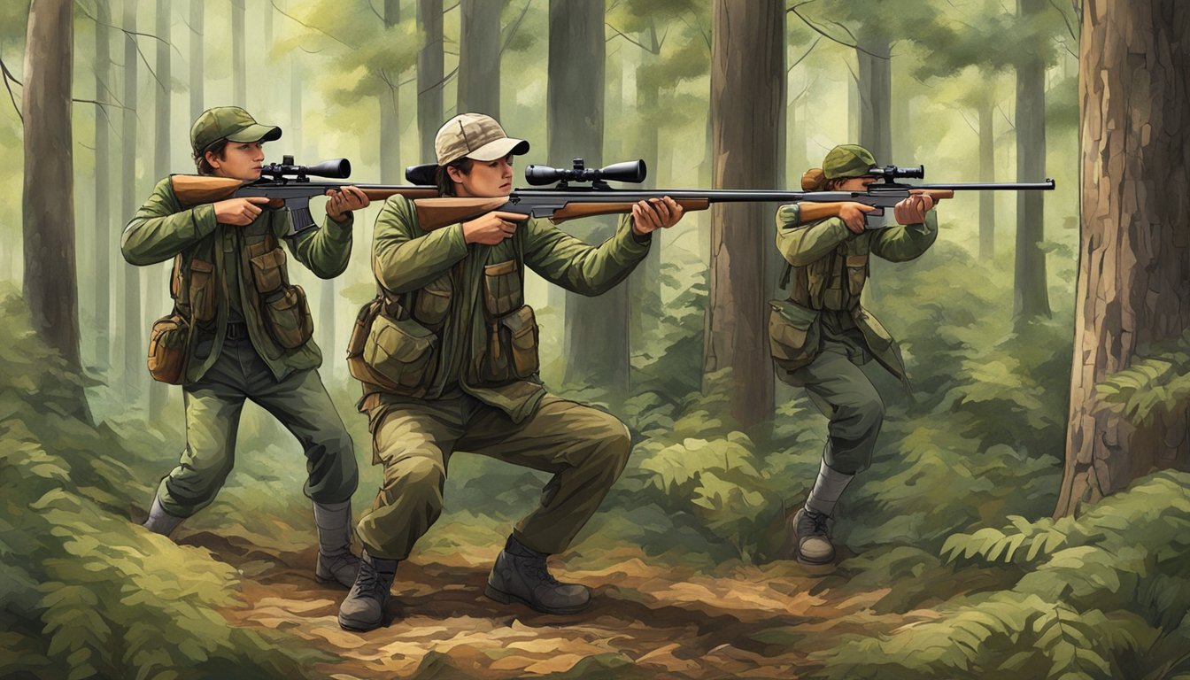 A group of young hunters demonstrate advanced techniques in a forest setting, using camouflage and precision aiming