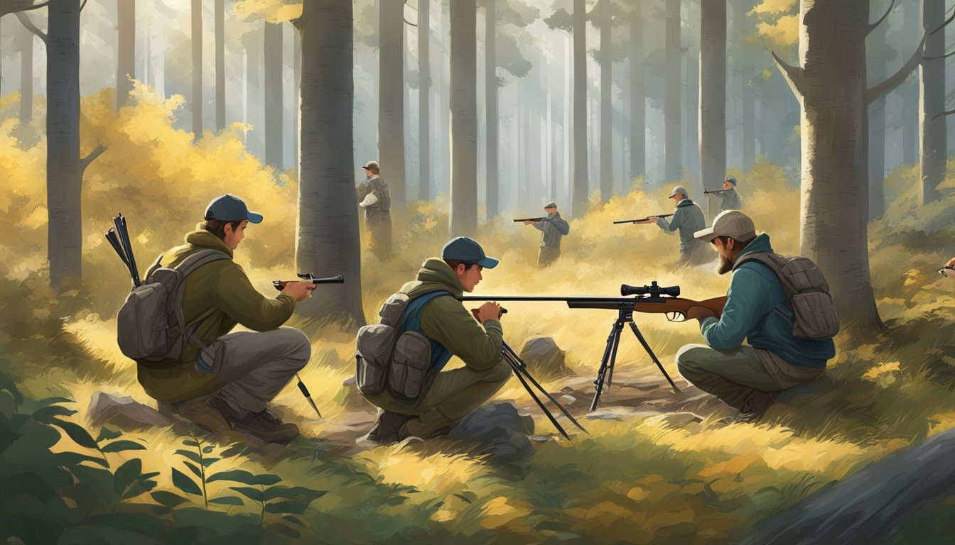 A group of young hunters setting up targets in a forest clearing, surrounded by trees and wildlife