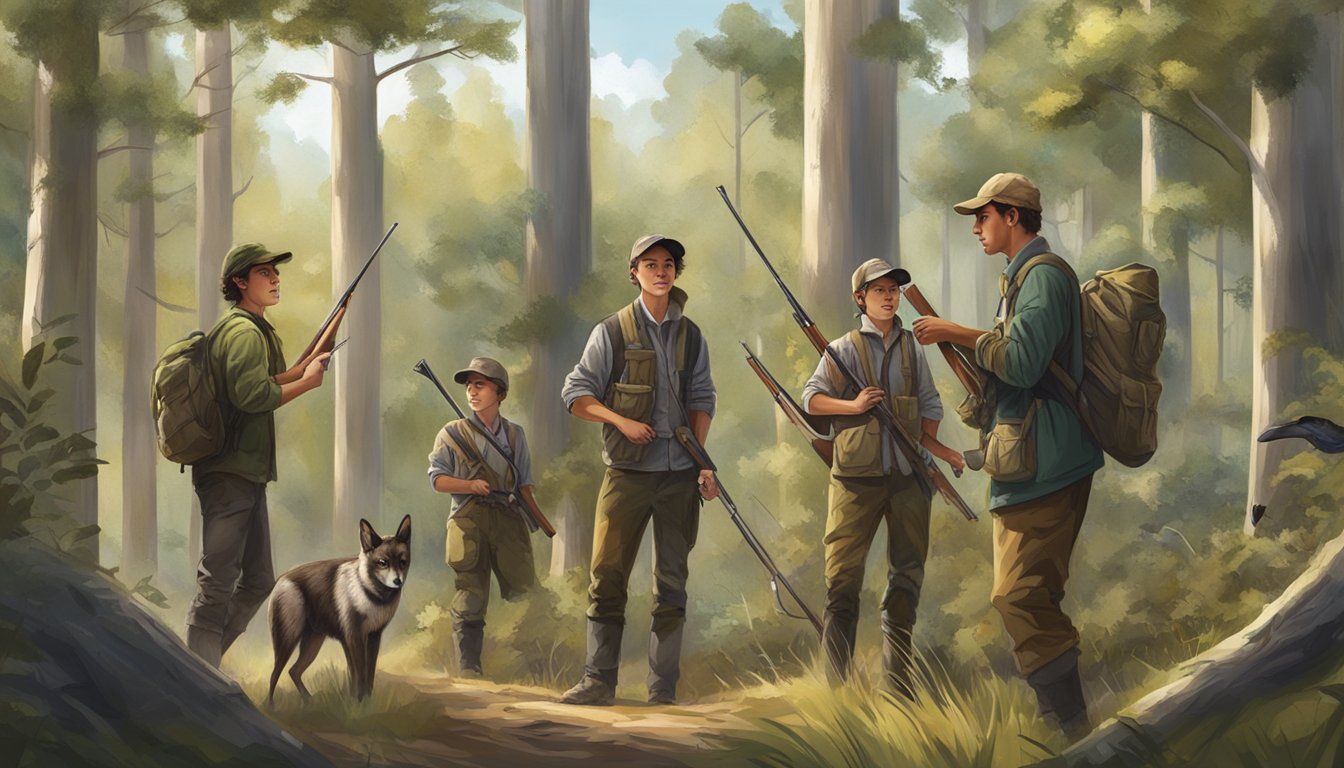 A group of young hunters participate in a conservation-focused game, surrounded by trees and wildlife