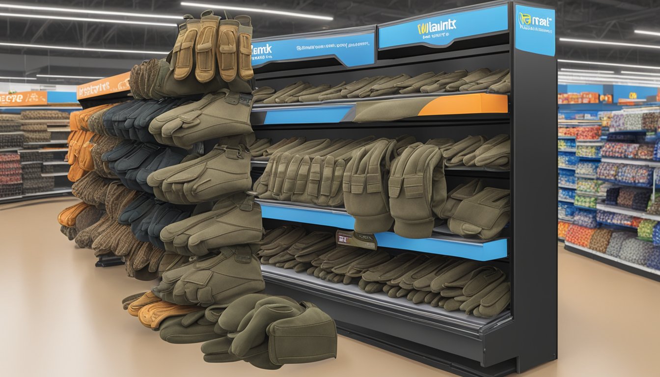 A pair of youth hunting gloves displayed on a shelf at a Walmart store