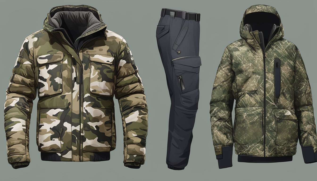 A pair of youth hunting gloves is shown being layered with a camo jacket and insulated pants, all available at Walmart