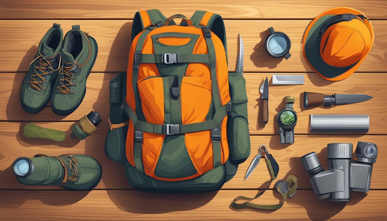 A young hunter's gear laid out on a rustic wooden table, including a camouflaged backpack, a pair of binoculars, a hunting knife, and a bright orange safety vest