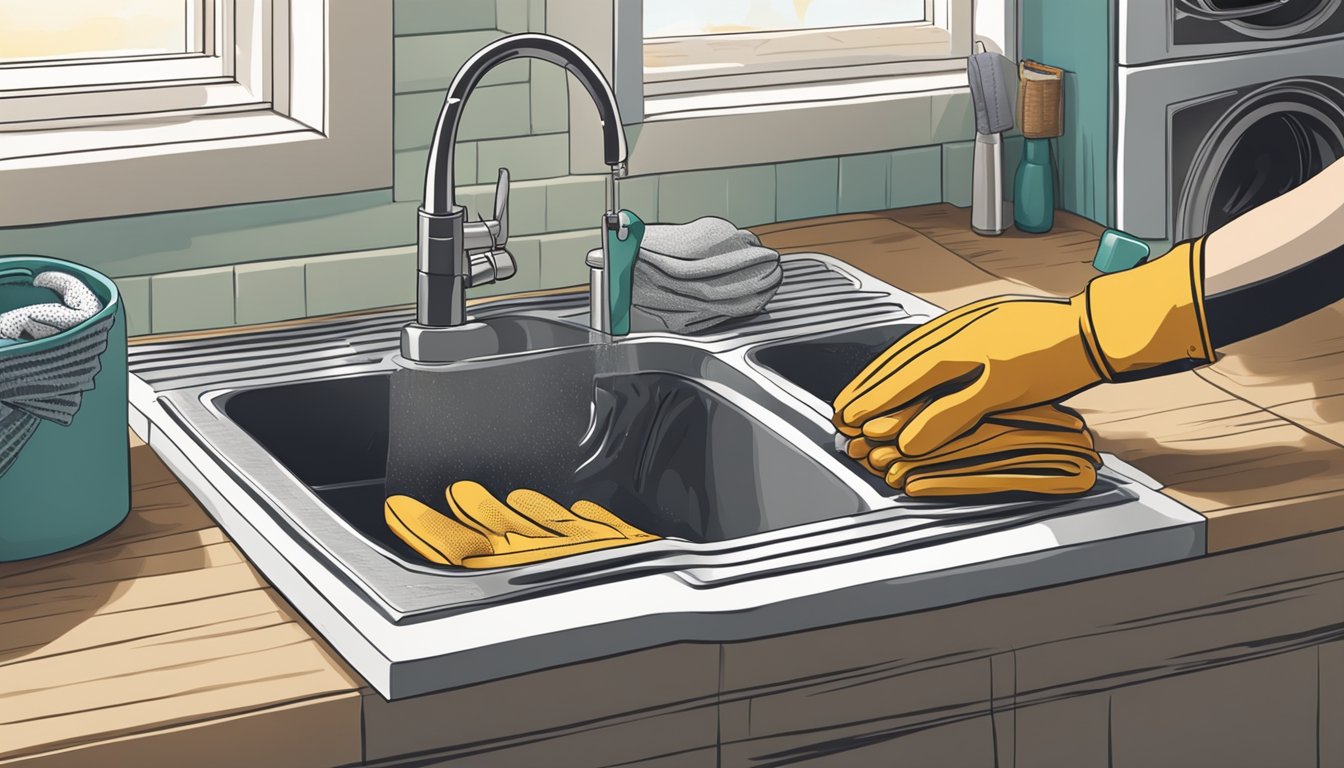 A pair of youth hunting gloves being carefully washed and dried in a laundry room sink