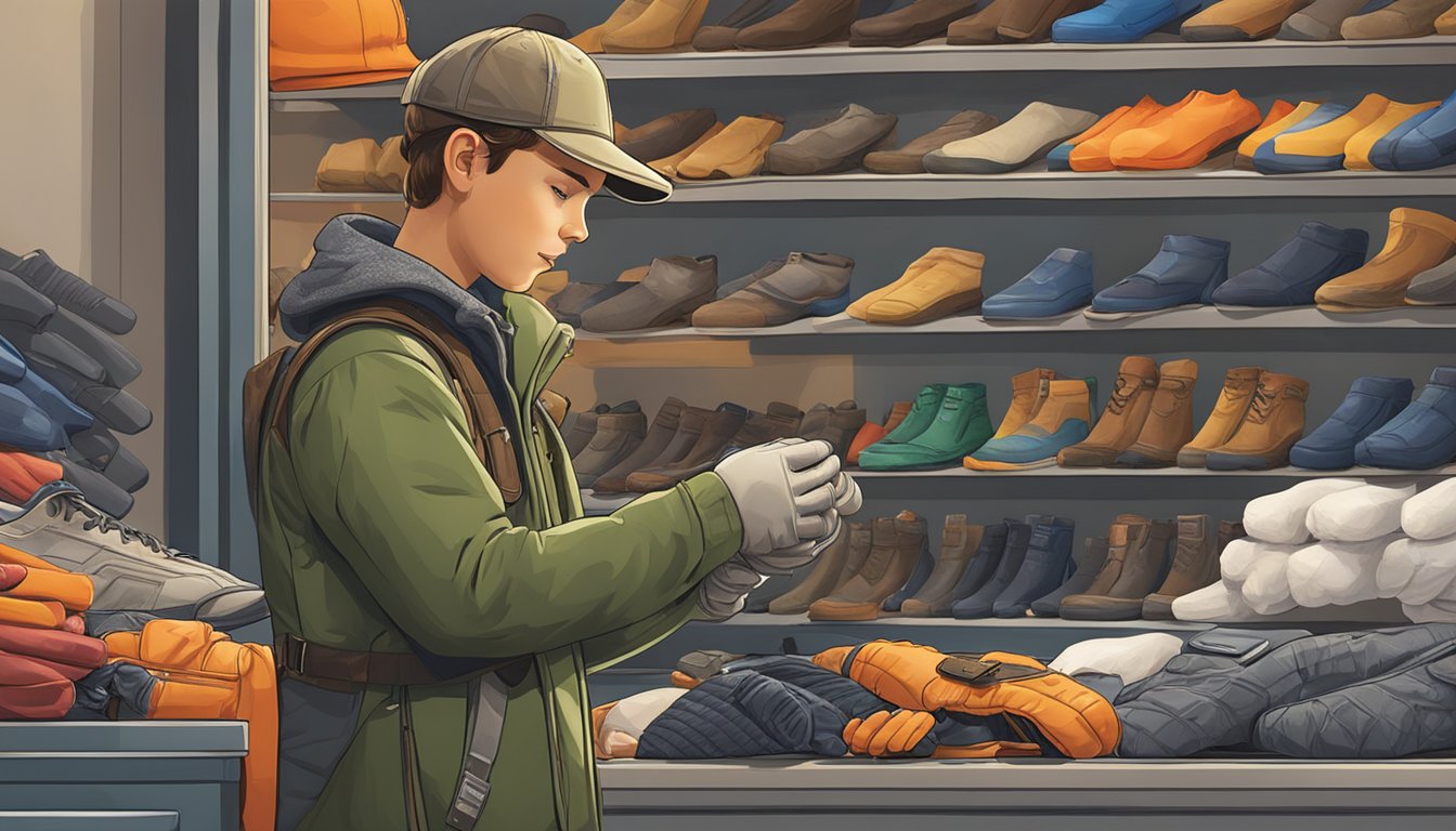 A young hunter carefully selects a pair of gloves from the hunting gear section at Walmart, surrounded by safety tip posters