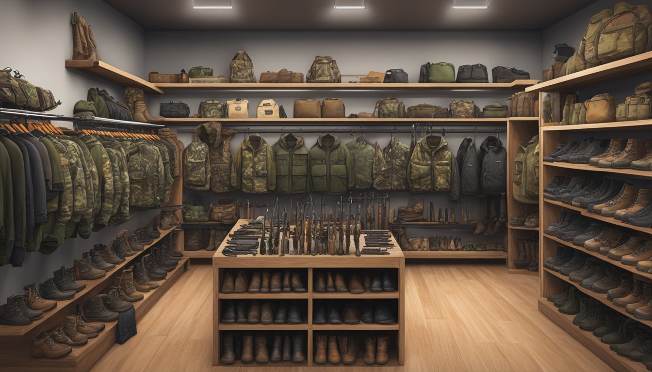 A display of hunting gear in a local store, including camo clothing, boots, rifles, and accessories