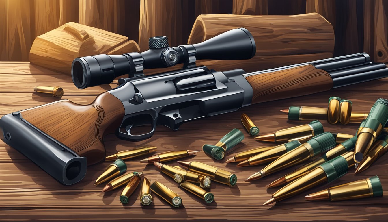 A youth hunting gun with calibers and ammunition laid out on a wooden table in a rustic hunting cabin