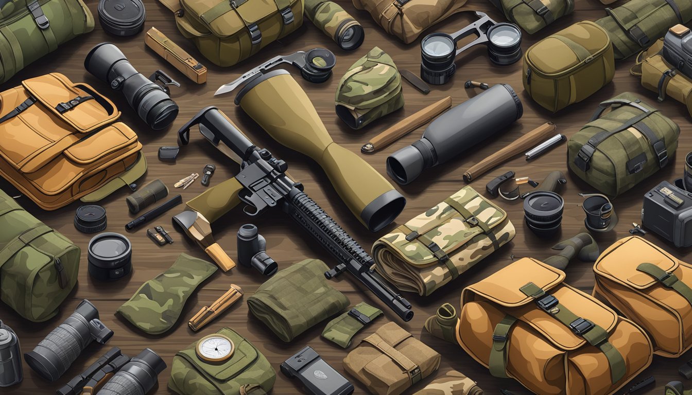 A variety of camouflage and outdoor gear laid out on a wooden table, including backpacks, hunting rifles, ammunition, and binoculars