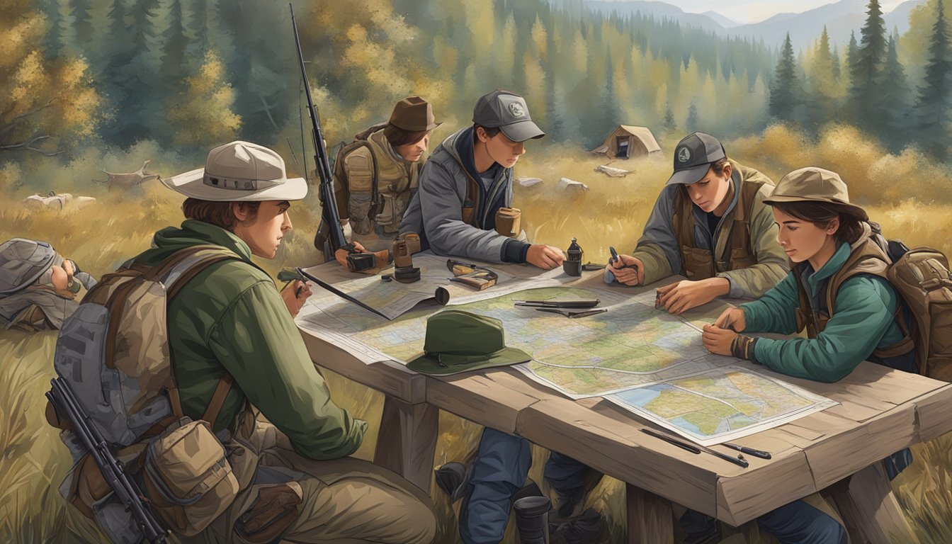 A group of young hunters gather around a table, examining their gear and discussing hunting regulations. Maps and safety equipment are spread out in front of them