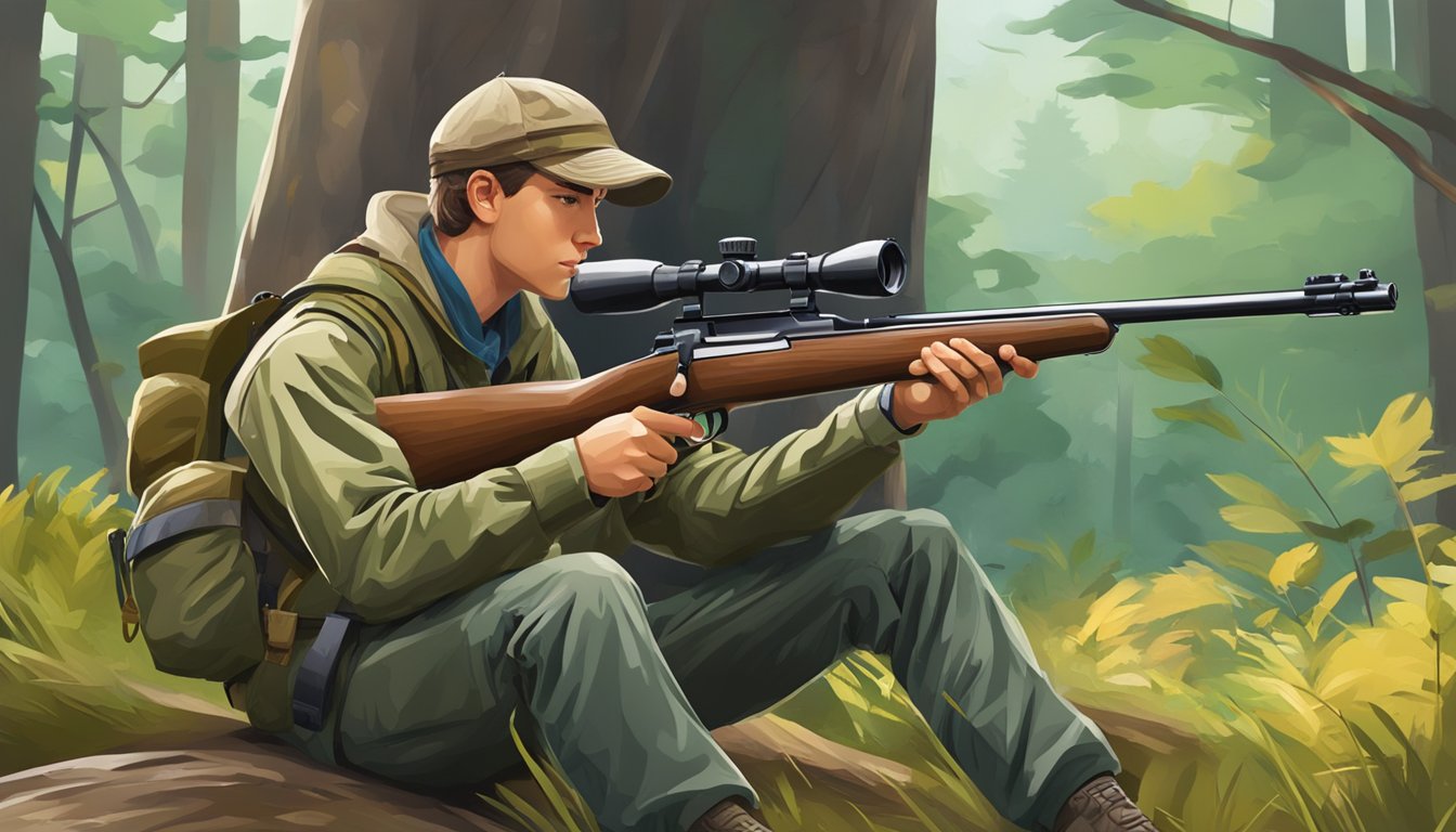 A young hunter carefully aims a rifle in a forest clearing