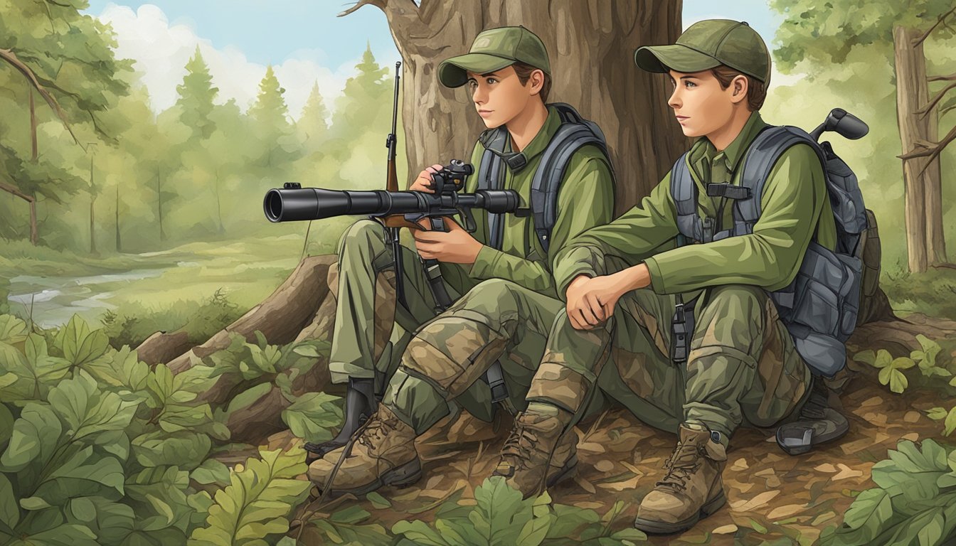 A collection of youth hunting gear displayed near a lush forest, with binoculars, camouflage clothing, and a rifle resting against a tree