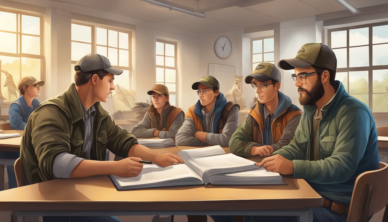 A group of young hunters with their mentors studying hunting regulations and guidelines in a classroom setting