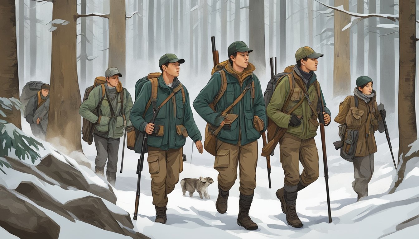 A group of young hunters, accompanied by adult supervisors, trek through a forest with rifles and hunting gear. They follow strict safety and ethical guidelines