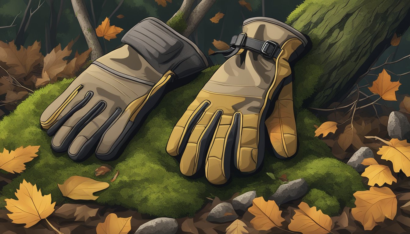 A pair of youth hunting gloves lying on a mossy forest floor, surrounded by fallen leaves and small twigs