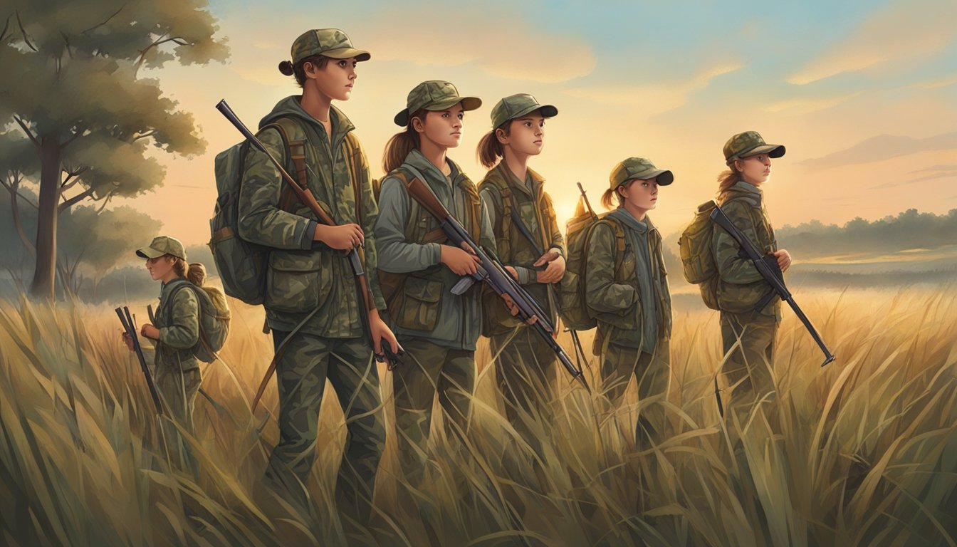 A group of youth hunters stand in a field, wearing camouflage jackets and hats, holding rifles and backpacks. They are surrounded by trees and tall grass