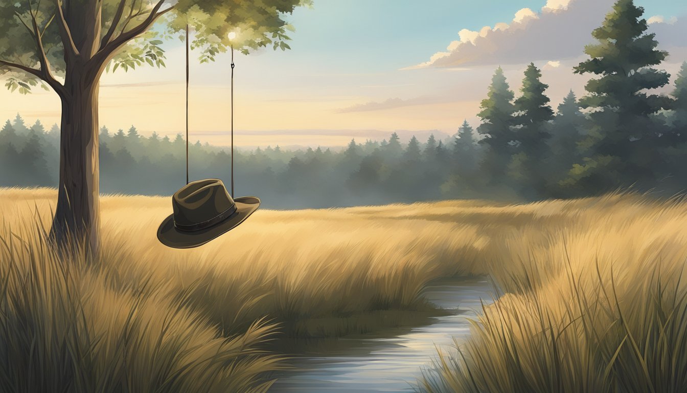 A young hunter's hat hanging from a tree branch, surrounded by tall grass and a distant forest