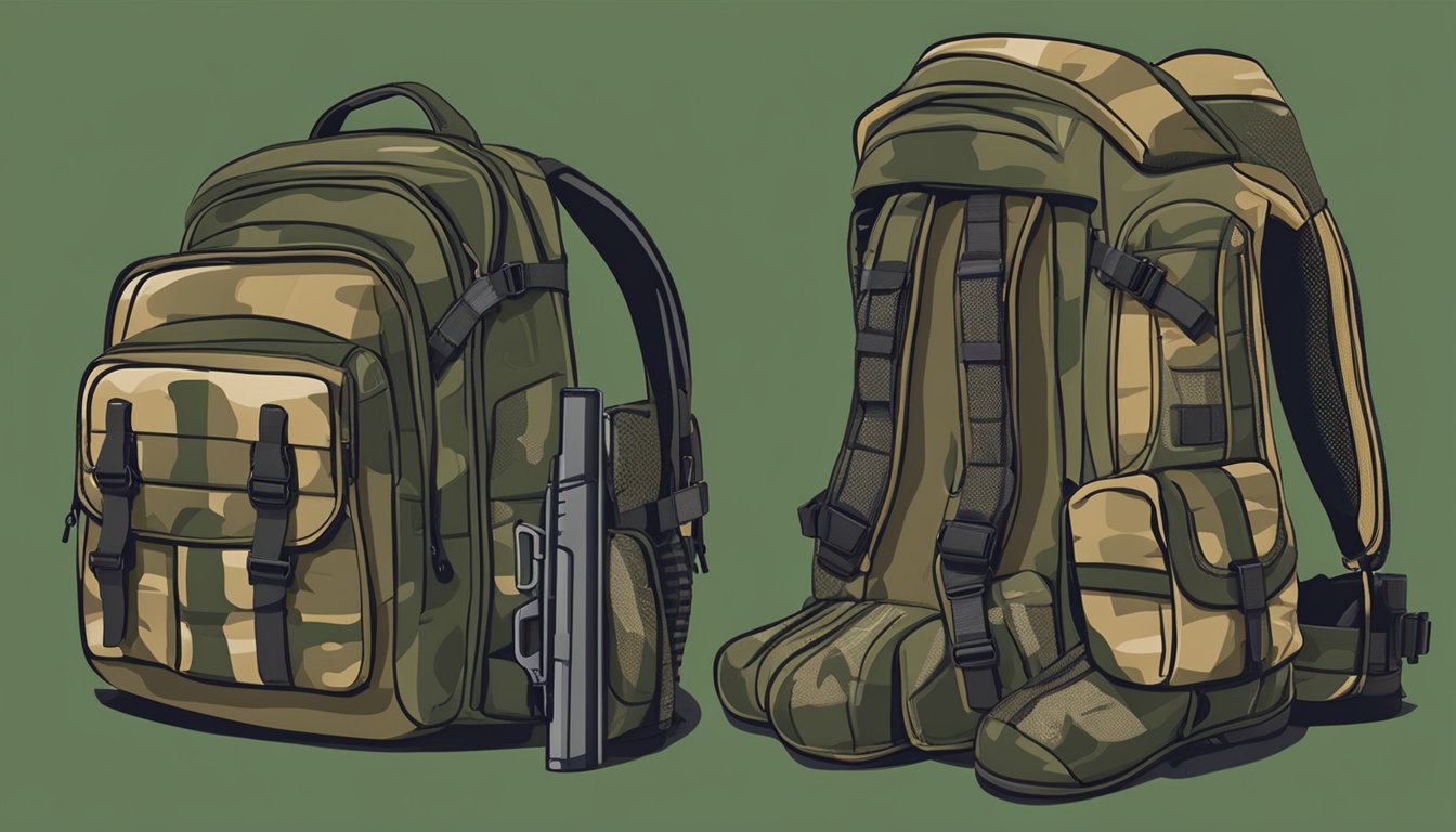 A pair of durable, insulated hunting gloves lay next to a camouflaged backpack and a hunting rifle, ready for a day in the woods