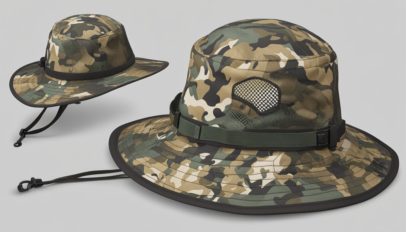 A youth hunting hat with camouflage pattern and adjustable chin strap, featuring a wide brim and mesh panels for breathability