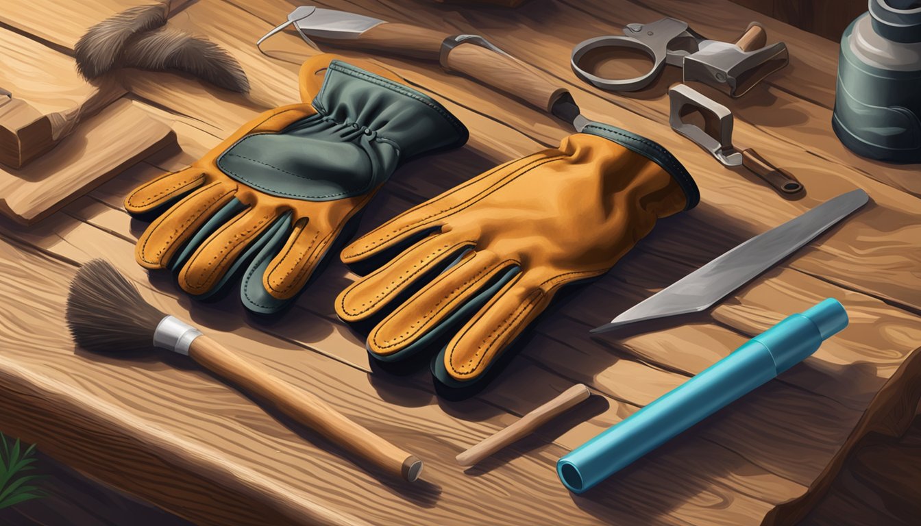 A pair of Longevity youth hunting gloves being cleaned and conditioned with a leather care kit on a wooden workbench