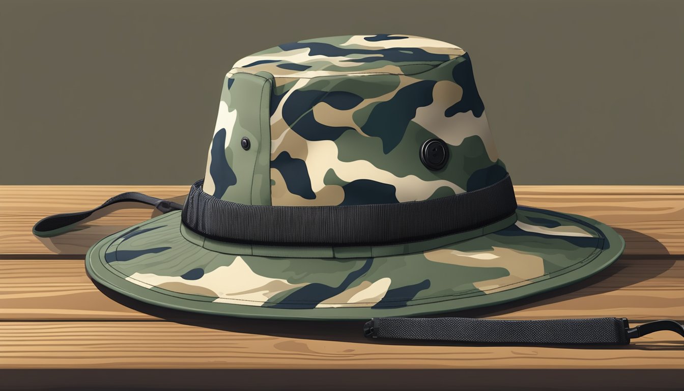 A youth hunting hat displayed on a wooden table with a camouflage pattern and adjustable chin strap