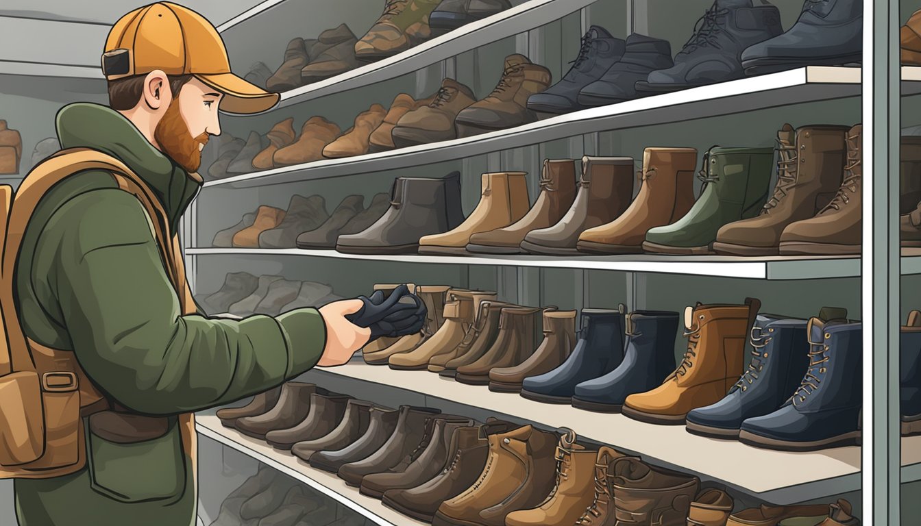 A young hunter carefully selects a pair of camouflaged gloves from a shelf in a hunting supply store. The gloves are sturdy and insulated, perfect for a day in the woods