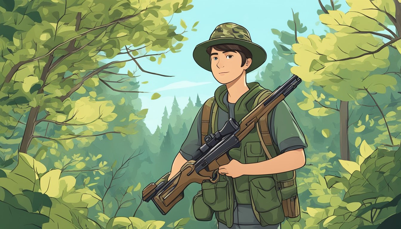 A young person standing in a forest, wearing a camouflaged hunting hat and holding a rifle, with trees and bushes in the background