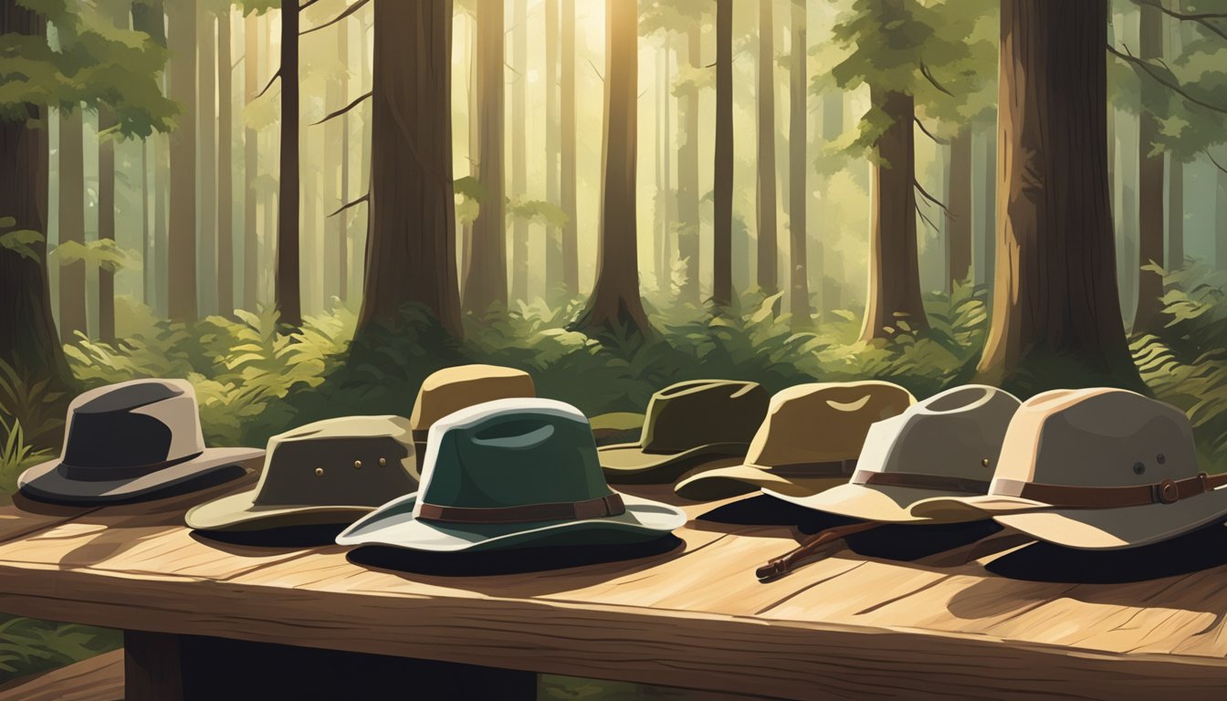 A forest clearing with a display of youth hunting hats on a wooden table, surrounded by tall trees and dappled sunlight