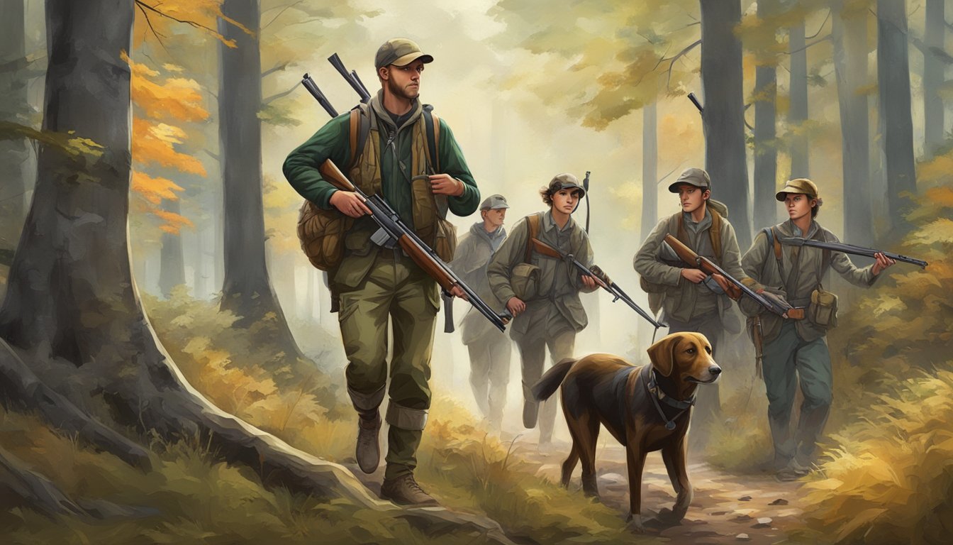 A group of young hunters walking through a forest with rifles and hunting gear, accompanied by hunting dogs