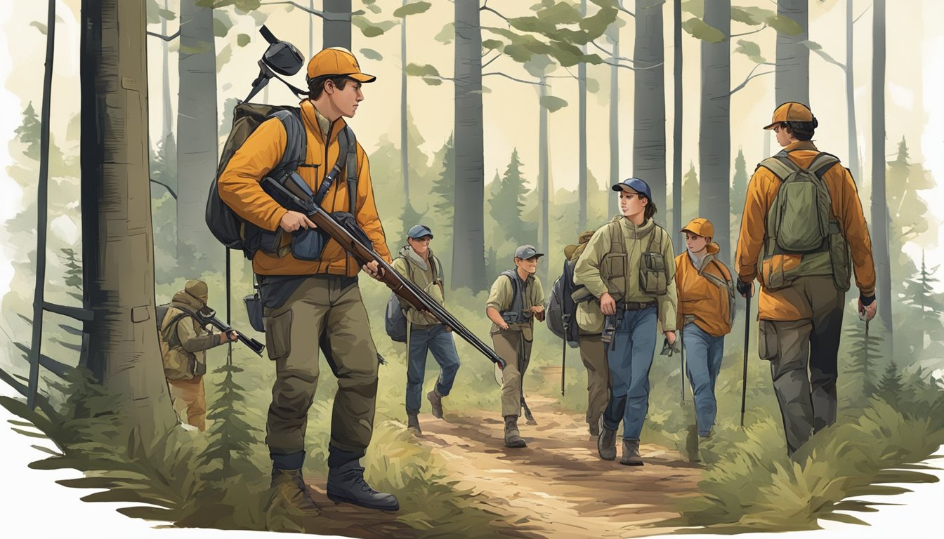 A group of young hunters in safety gear, accompanied by adult supervisors, navigating through a wooded area with hunting rifles and equipment