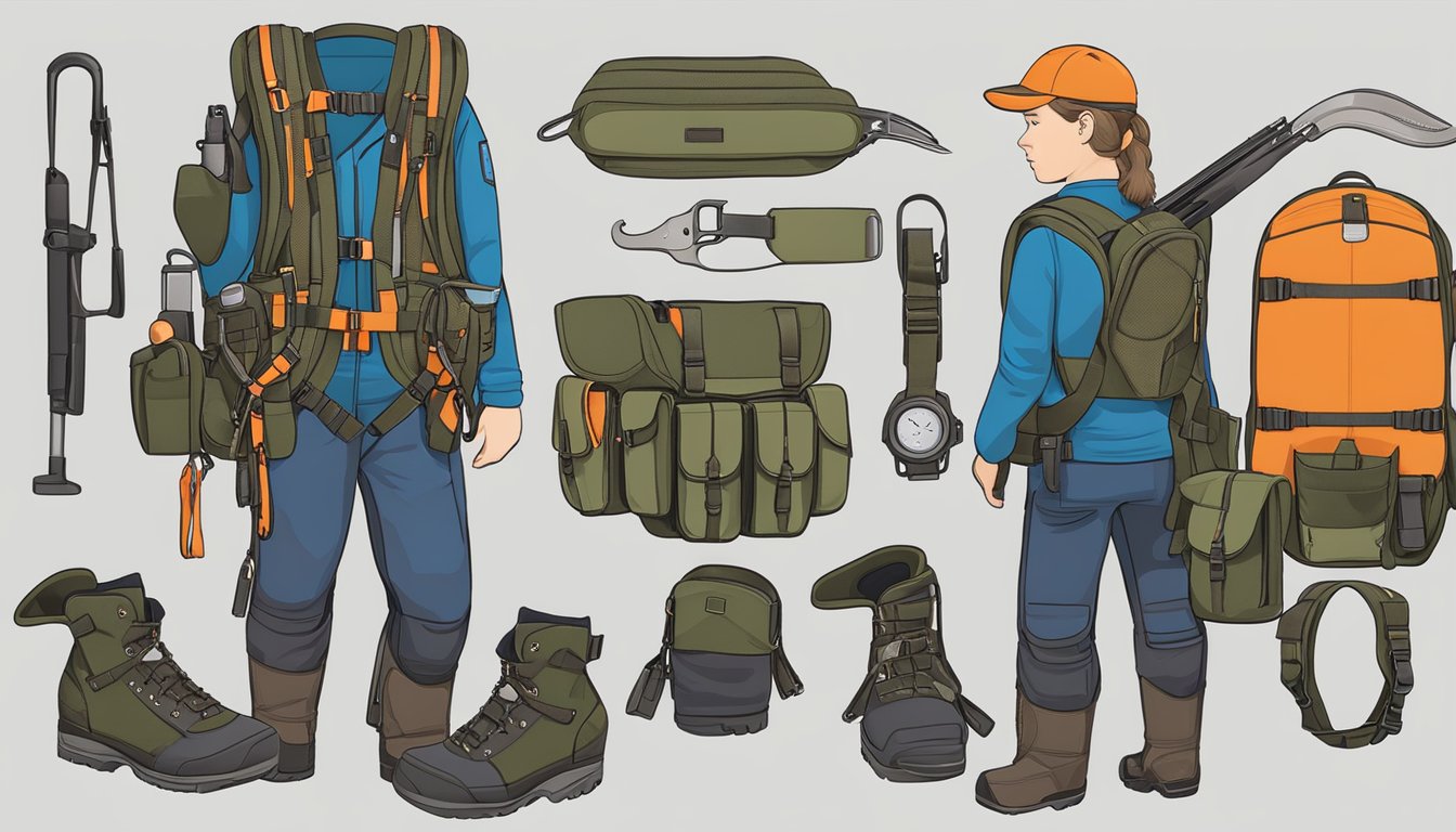 A youth hunting harness integrated with various accessories, such as pockets and loops, designed for outdoor use