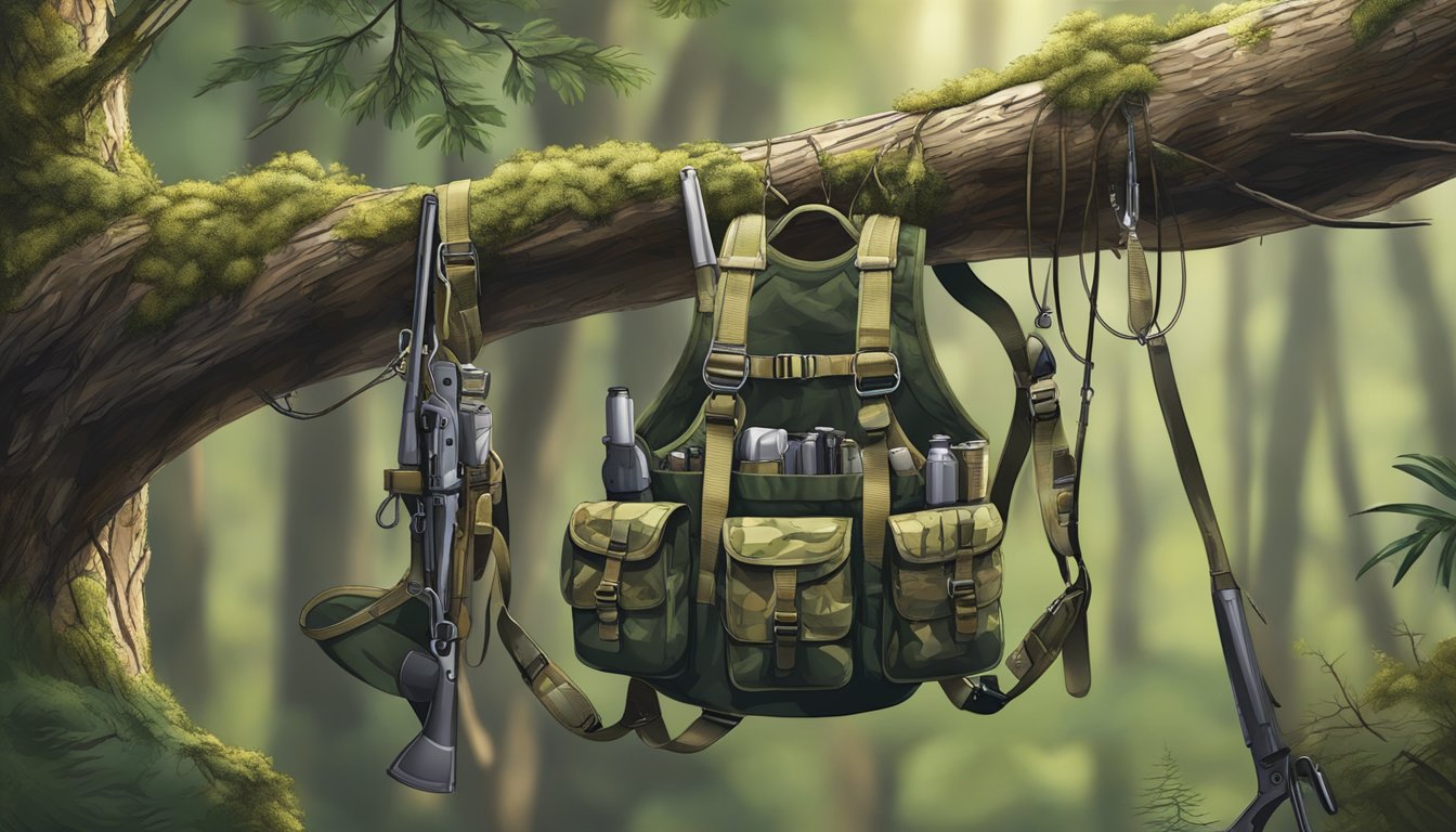 A youth hunting harness hangs from a sturdy tree branch in a dense forest, surrounded by camouflage gear and hunting equipment