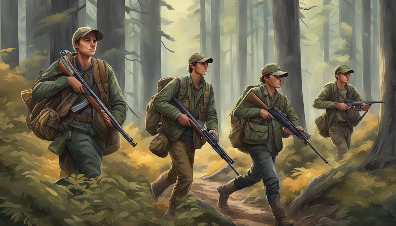 A group of young hunters tracking through a forest with rifles and hunting gear