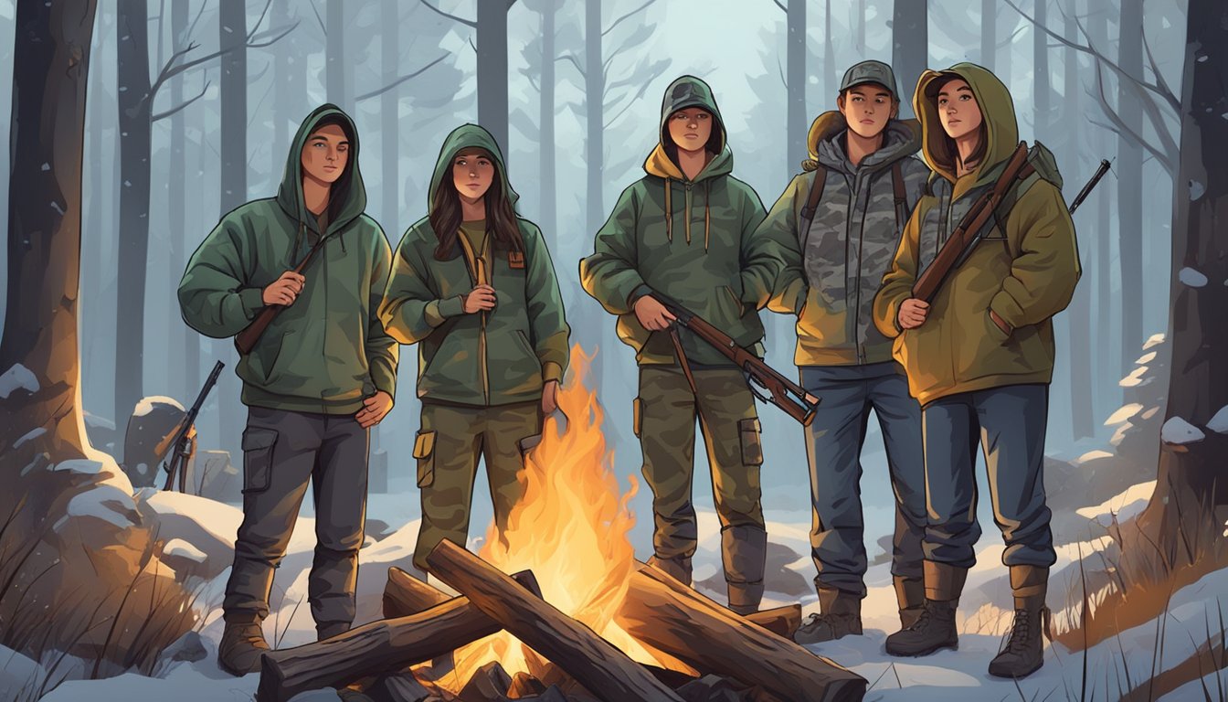 A group of young hunters wearing camo hoodies gather around a bonfire in the woods, with their rifles and hunting gear strewn about